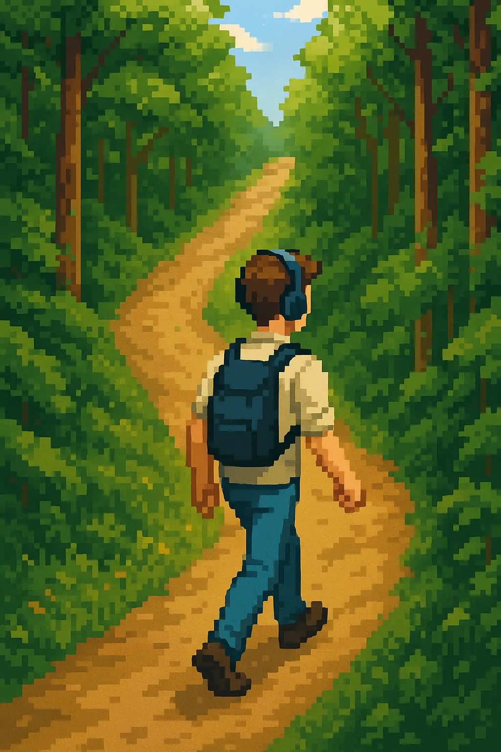 A forest trail where the protagonist is walking while talking to an AI model.